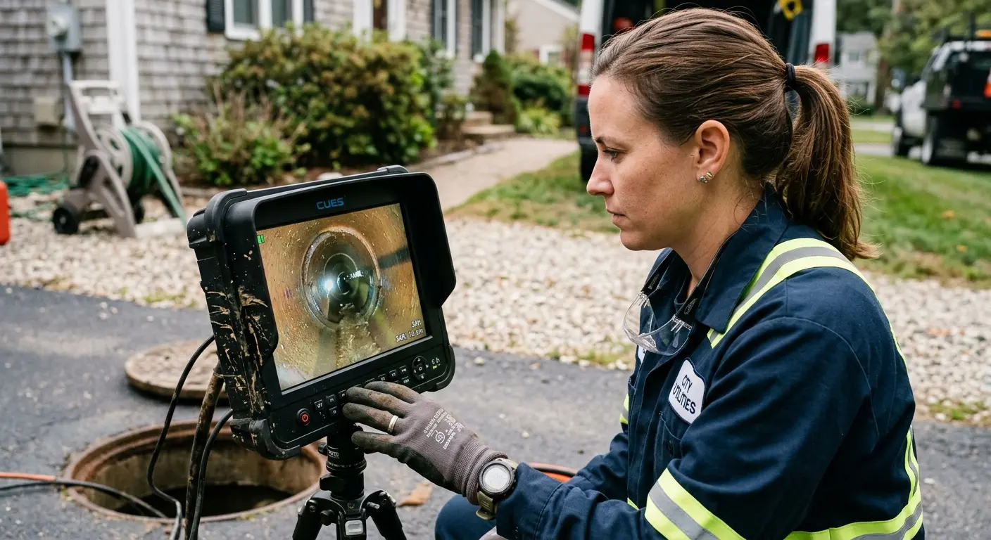 Technician reviewing sewer camera inspection footage in Markham