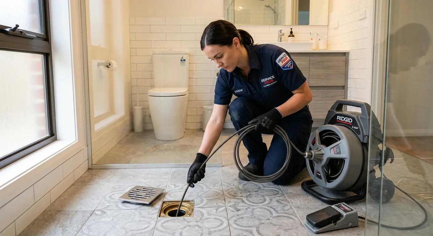 Technician clearing a bathroom floor drain for Clogged Drain Repair in Markham